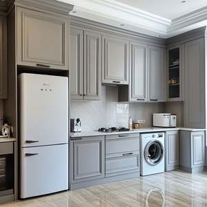 Îlot de cuisine moderne, table en bois et marbre, préfabriqué, modulaire, acier inoxydable, MDF, PVC, verre, tiroirs/paniers de rangement - Product Image 1