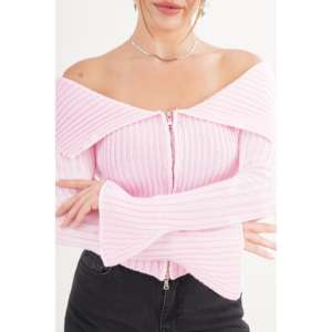 Cardigan en tricot rose à col Madonna avec fermeture éclair intégrale, motif uni, décontracté, hiver/automne, vente en gros - Product Image 1