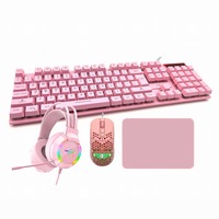 Clavier, souris et casque de jeu rose 4-en-1 avec rétroéclairage RVB, interface USB, récepteur sans fil 2,4 GHz
