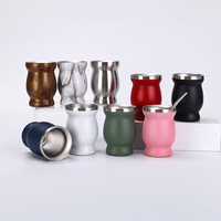 Tasse à maté personnalisée 4oz 8oz en acier inoxydable à double paroi, isolée sous vide, motif grain de bois, avec paille bombilla, cadeau