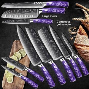 Juego de Cuchillos de Cocina Multifuncionales de Acero de Damasco al por Mayor con Mango de Resina Morada y Hojas con Patrón Láser, Cuchillos de Carnicero - Product Image 1