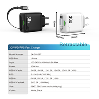Chargeur rapide GaN 30W PD Type-C avec câble rétractable pour téléphones iPhone Samsung, chargeur USB C PPS à charge rapide