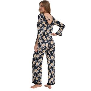 Ensemble de pyjama personnalisé pour femmes, imprimé floral foncé, manches longues, dentelle, vêtements de détente, pyjama doux et extensible avec poches, pyjamas pour femmes - Product Image 4