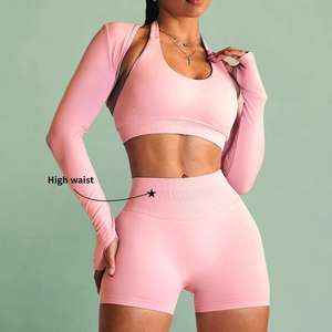 Abbigliamento Sportivo Personalizzato con Logo Femminile Set da 3 Pezzi per Yoga con Reggiseno Sportivo a Maniche Lunghe e <span class=keywords><strong>Pantaloncini</strong></span> per Allenamento Fitness - Product Image 2