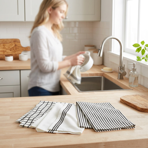 Serviettes de cuisine en coton rayées rectangulaires écologiques lavables en machine - Product Image 1
