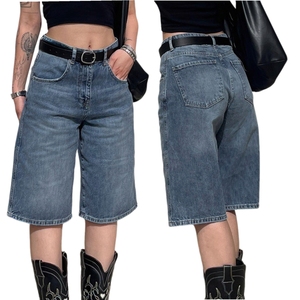 Shorts en jean tissé décontractés pour femme, taille basse, coupe droite, mi-longueur, froncés, style simple, couleur unie, été - Product Image 1