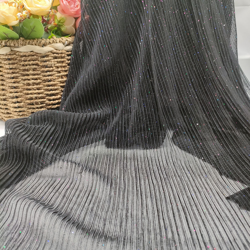 Модная 2021 блестящая ткань лунного света, плиссированная черная сетка, Переливающаяся ткань из фольги, эластичная морщинка 60gsm для платьев