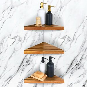 Estante de ducha esquinero de 3 niveles de madera de acacia, estante esquinero triangular, estante de baño de madera, estante esquinero para ducha en pared azulejada - Product Image 1