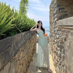 Vestido Largo de Verano Estilo A-Line con Jacquard Verde Menta, Sin Tirantes, Cintura Natural, Transpirable, Elegante, para Vacaciones en la Playa - Product Image 2