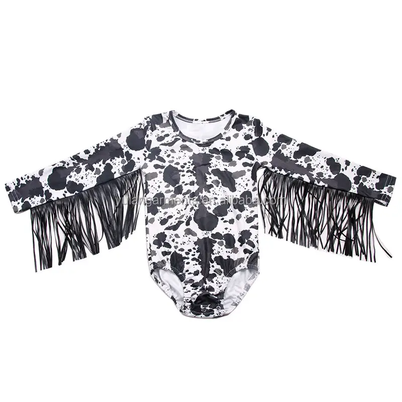Boutique Baby Kids Long Sleeve Romper with Black Leather Tassels High Quality Custom Printing Romper