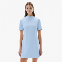 Nouvelle Robe Mini Femme Élégante d'Été en Crêpe Structuré Bleu Poudré à Col Montant et Manches Courtes, Coupe Trapèze Minimaliste Personnalisée