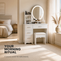 Ensemble coiffeuse de chambre moderne en bois de luxe léger avec miroir LED, 4 tiroirs, étagère latérale et tabouret – Finitions personnalisées – Fabrication usine de meubles