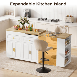 <b>Expandable</b> Rolling Kitchen Island with Wood Top with Storage Cabinet & Drawers and Open Shelf for Modern Home Dining - Product Image 1