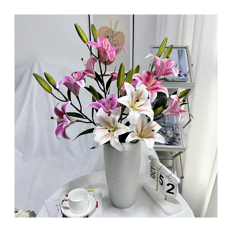 פרחים מלאכותיים QYY-170 חתונה תפאורה הביתה מגע אמיתי פרחים שושן עם 3 ניצנים פרח