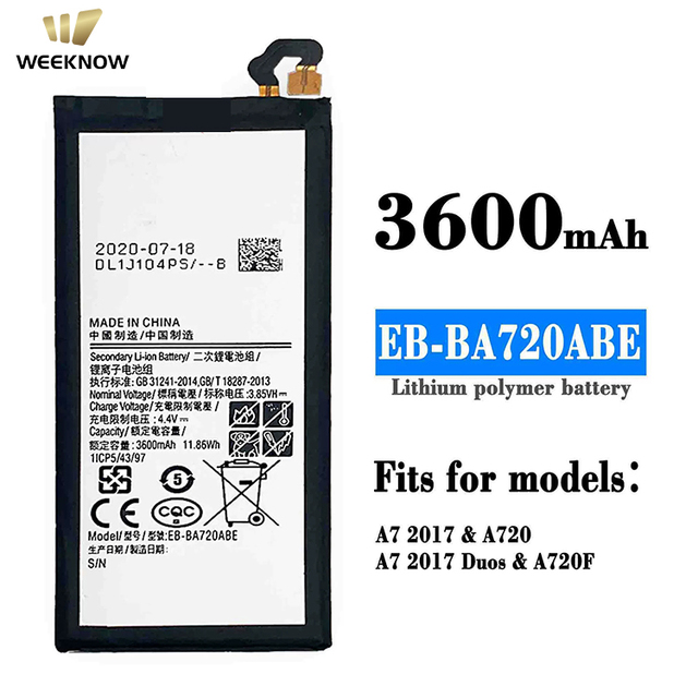 Weeknow Replacement Secondary Li-ion Battery EB-BA720ABE for Samsung Galaxy A7 2017 A720 A720F Mobile Phone Battery 3600mAh 3.85