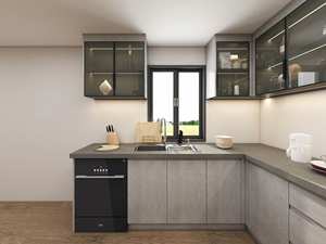 L-Shaped Modular Kitchen <b>Cabinet</b> with Glass <b>Doors</b> Backsplash Plywood Construction Illumination Durable Design - Product Image 5