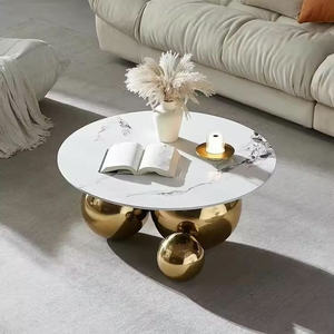 Juego de dos mesas redondas de centro modernas con <span class=keywords><strong>base</strong></span> de pedestal de acero inoxidable con parte superior de piedra sinterizada y diseño de lujo contemporáneo - Product Image 4