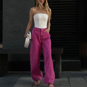 Nouveauté - Jeans en denim à jambes larges pour femmes, personnalisés, couleur rose, décontractés, style baggy - Product Image 1