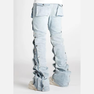 Jeans en denim tissé décontracté à taille mi-haute, délavé clair, coupe droite, avec multiples poches et plis superposés pour hommes, vente en gros - Product Image 2