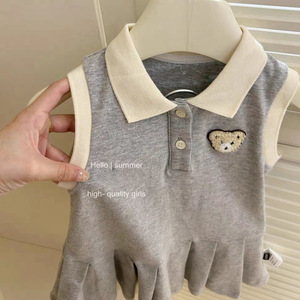 Child Star Circle Girls Sleeveless Polo Dress Gray Bear Patch Summer Breathable School Style Dress For Kids - Product Image 2