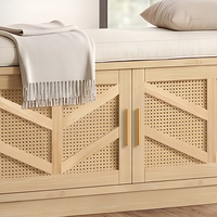 Banc de rangement style ferme avec portes de placard en cannage chevron, poignées dorées, coussin, siège d'entrée OEM ODM