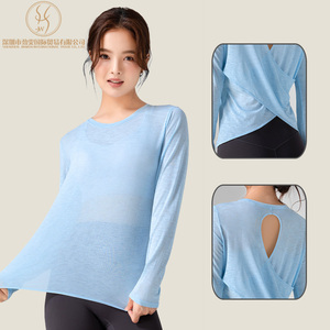 Femmes été léger col rond à manches longues Yoga haut dos creux conception respirant Yoga <span class=keywords><strong>sport</strong></span> à manches longues T-<span class=keywords><strong>Shirt</strong></span> - Product Image 1