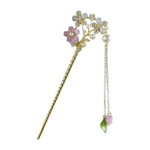 Bâtonnet à cheveux vintage de style chinois avec perles et fleurs, pour femmes, en métal, orné de strass, épingle à cheveux, bijou fantaisie - Product Image 5