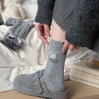 Chaussettes pour chiot de dessin animé pour femme avec nœud, chaussettes en laine grises, polyvalentes et chaudes, chaussettes épaisses mi-mollet pour l'hiver