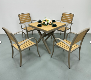 Modern Durable <b>Aluminum</b> Wood Grain Commercial Dining <b>Table</b> Set Outdoor Patio Restaurant Furniture 4 Seater Slatted Chair Set - Product Image 5