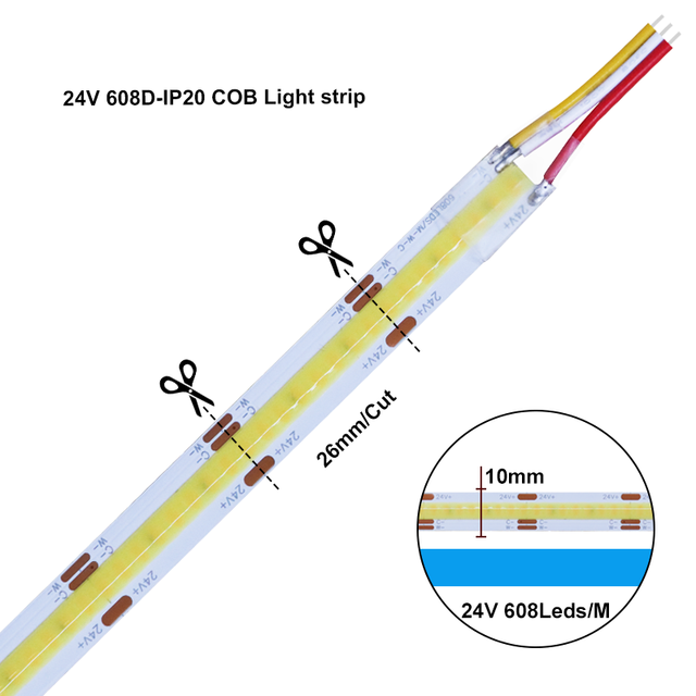 High Density 608Leds Dimmable Dual Color LED Strip DC12V/24V Cuttable 10mm Wide Soft Cob CCT Tunable White Light Strip