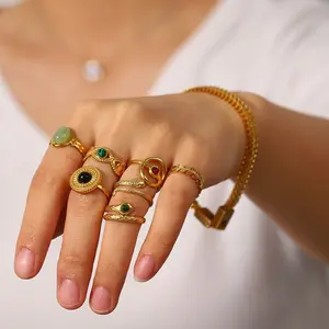 Fashion PVD Gold Plated Stainless Steel Natural Stone Enamel Leaf Snake Shape Adjustable Finger Ring For Girl Women