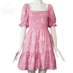 Yufan Tùy Chỉnh Màu Hồng Vuông Cổ Voan Ruffle Mini Dress Hoa In Cao Eo Mùa Hè Phụ Nữ Giản Dị Dresses