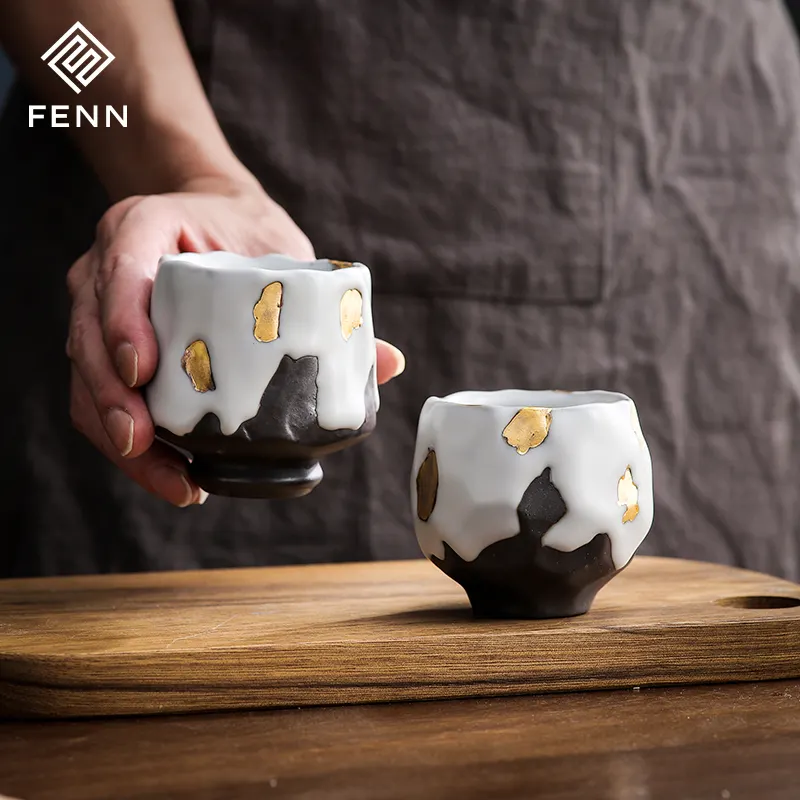 Taza de café de cerámica de té japonés, <span class=keywords><strong>tazas</strong></span> de diseño con borde irregular, cuerpo de lujo, color gris con <span class=keywords><strong>tazas</strong></span> de té dorado