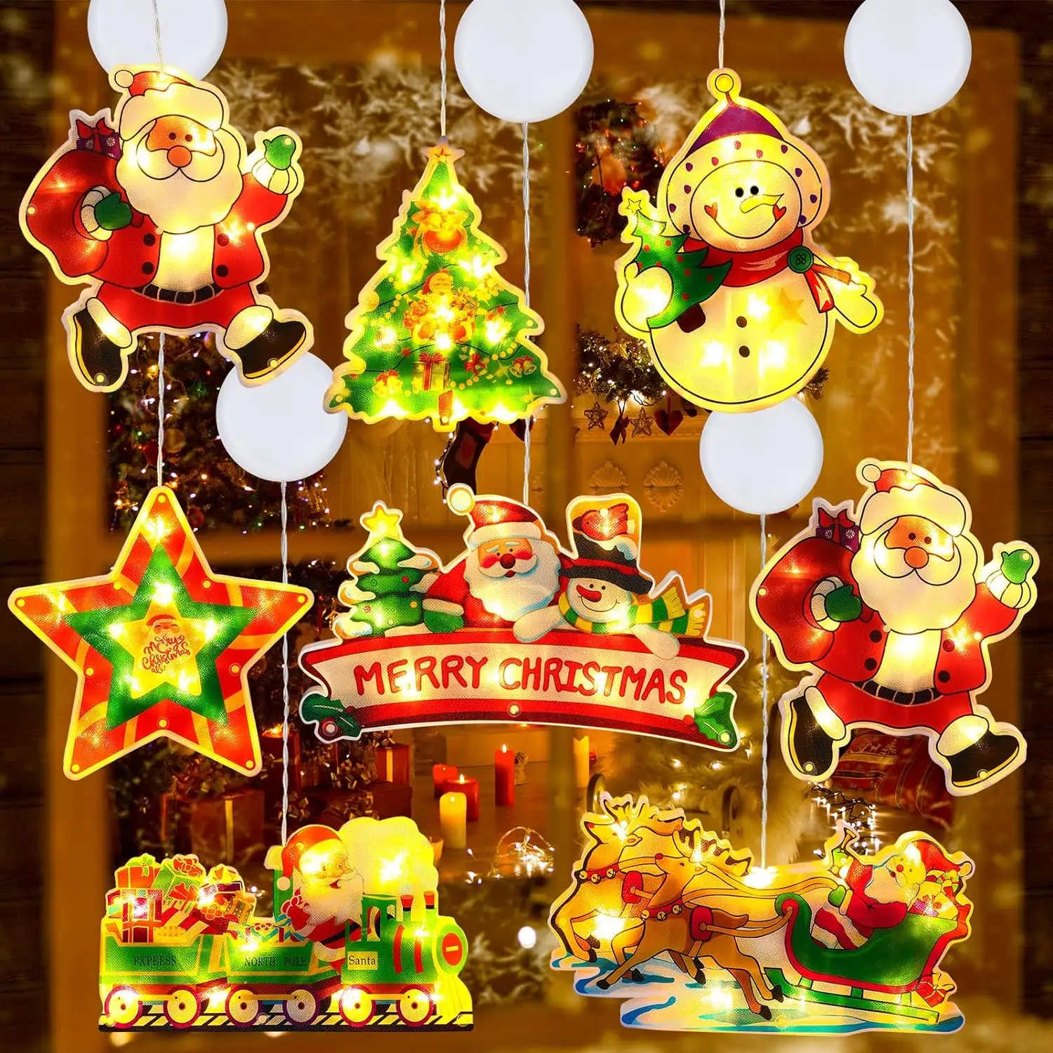 Lampu gantung jendela Natal Led dekorasi siluet lengket Santa Claus