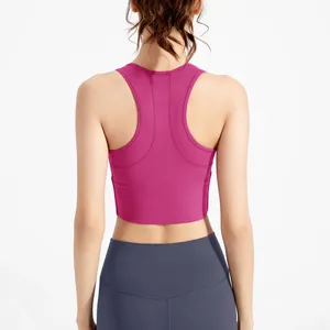 Soutien-gorge de course pour femme effet seconde peau, style crop top, dos nageur, avec coussinets intégrés, fermeture éclair, pour marathon et fitness - Product Image 3