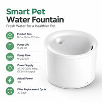Fontaine à eau filtrée pour animaux de compagnie avec indicateur de niveau d'eau rouge, système de filtration 30 jours, 3W, adaptateur AC110-220V, certifiée CE FCC RoHS, OEM ODM pour chats et chiens