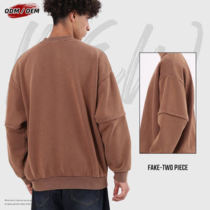 Sweat-shirt vintage délavé patchwork, effet faux deux pièces, col rond, en polaire, streetwear pour homme - Product Image 5