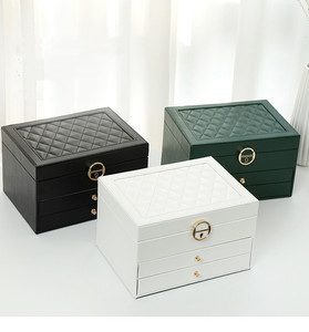 Elegante Scatola Portagioie in Pelle PU Trapuntata <span class=keywords><strong>a</strong></span> 3 Livelli con Cassetti, Grande Organizzatore per Anelli e Collane da Donna - Product Image 2