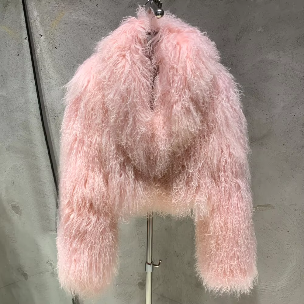 Winter Warm Fluffy Coat Mongolian Sheep Fur Jacket Women Baby pink
