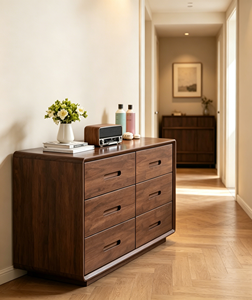 Modern Solid Wood <b>6</b>-<b>Drawer</b> Cabinet Slab Doors Durable Multi-Purpose Storage Furniture for Living Room (Midcentury Modern Design) - Product Image 1
