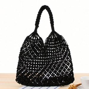 Bolso de Hombro de Color Sólido para Vacaciones en la Playa, Tejido a Mano con Cuerda de Algodón, con Bolsillo de Malla, para Mujer, con GPS, USB y Panel Solar Portátil - Product Image 4