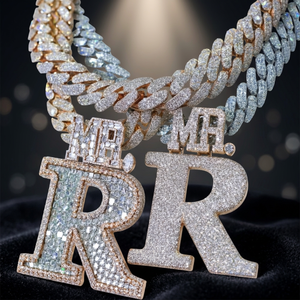 จี้เพชรทรงตัวอักษร Mr. R ประดับโมอิสซาไนต์ พร้อมสร้อยทอง 18K ชุบทอง สไตล์ฮิปฮอป เครื่องประดับผู้ชาย จี้เพชรสำหรับใส่ทุกวัน - Product Image 1