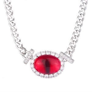 Trendy 13*18mm <b>Iced</b> <b>Out</b> Oval Cut Red Cubic Zirconia Pendant Jewelry Eco-friendly Copper Silver Plated Cuban Necklace for Female - Product Image 1