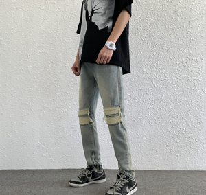 工厂新款撕裂彭特风格库存送货男士复古宽松直拉链袖口自行车手紧身牛仔裤 - Product Image 3