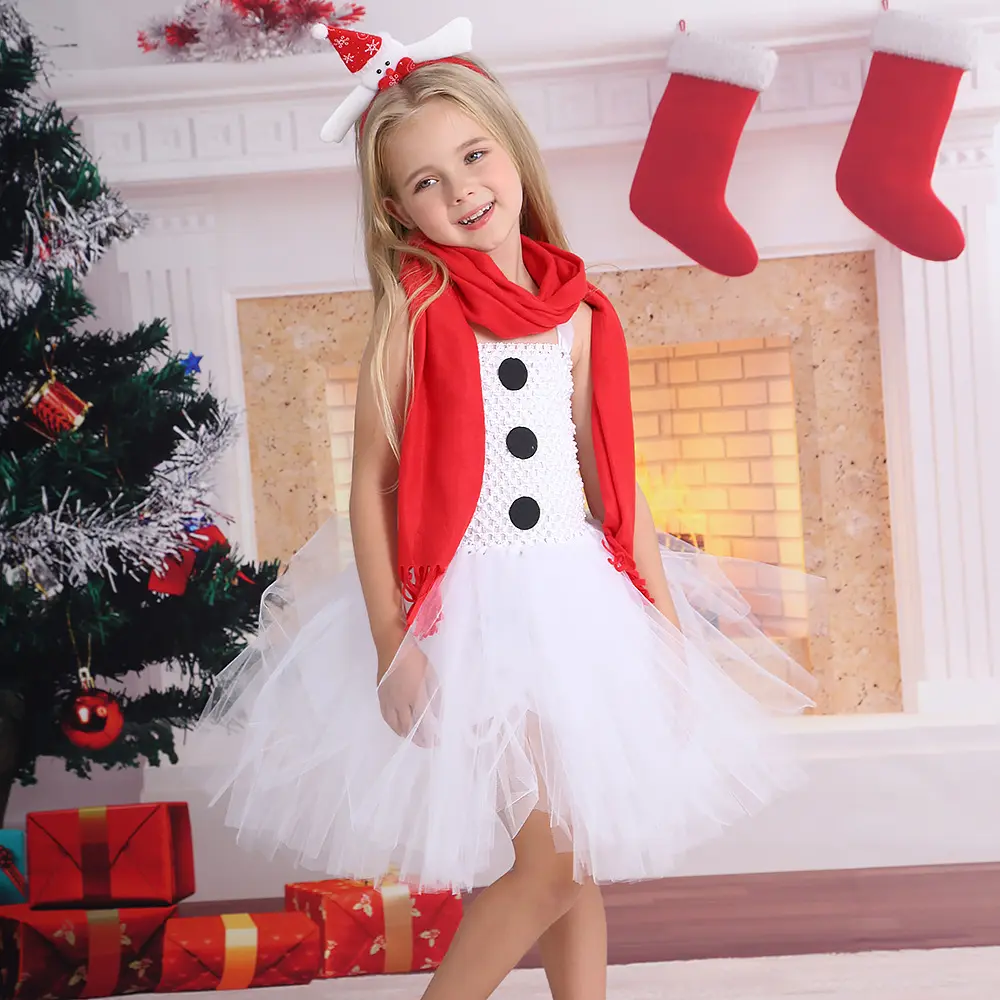 BAIGE Novo Estilo Crianças Meninas Natal Boneco de Neve Traje com Lenço e Chapéu Headband Vestido Tutu Branco de Natal Vestir Roupas