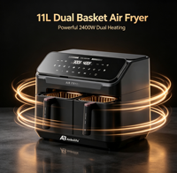 Friteuse à air Anbolife 11L à double panier 2400W avec écran tactile, sans huile, 8 préréglages, cuisson synchronisée, cuisine saine, OEM ODM