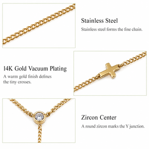 Collar con Cruz en Y de Acero Inoxidable, Chapado al Vacío en Oro de 14K, con Punta Central de Zirconia, Cadena de 45cm, Tono Oro y Plata - Product Image 4