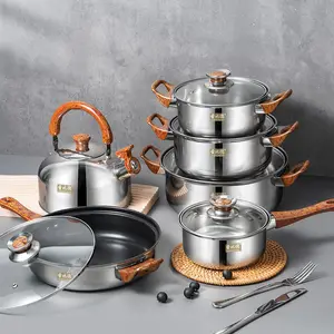 Stainless Steel Cookware 12-Piece Pot Set Wood Grain Handle Removable Kitchen Cooking Cookware with Kettle