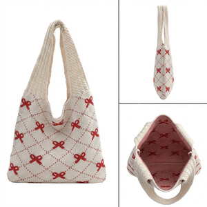 Bolso Tote <span class=keywords><strong>de</strong></span> Punto con Lazo y Diseño Argyle, con Logotipo Personalizado, Bolso <span class=keywords><strong>de</strong></span> Mano Resistente <span class=keywords><strong>de</strong></span> Ganchillo <span class=keywords><strong>para</strong></span> Mujer, <span class=keywords><strong>para</strong></span> Viajes Diarios - Product Image 5
