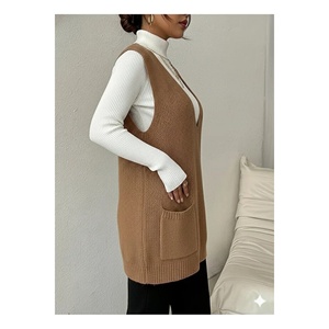 Women's Camel V-Neck Knitted Vest Sleeveless Long With Pockets Casual Wear - Product Image 2